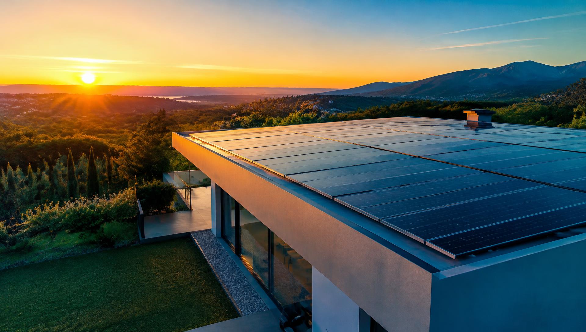 Conceptual visual: solar panels on a modern villa at sunrise
