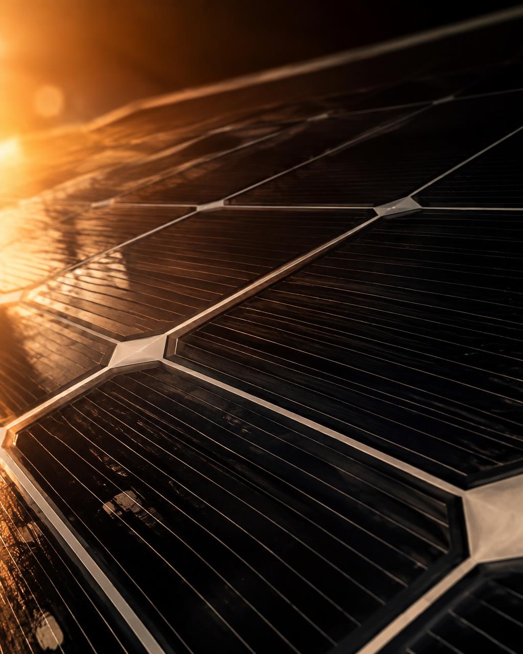 Close-up of solar cells catching warm sunlight